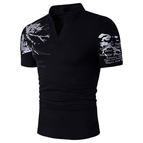 Shirt Hombres Estiramiento Transpirable Cuello En V Hombres T-Shirt Verano Cuello Alto Estampado Letras Manga Corta Shirt Hombres Ocio Fitness Hombres Shirt Deportiva B-Black XXL