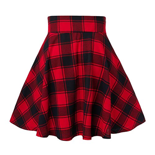 Shobdw Falda para Mujer con Estampado A Cuadros De Encaje De Una Línea De Faldas Delgadas con Apertura De Horquilla Elegante Plisada Elástica Básica Corto Falda Vendaje(Rojo,S)