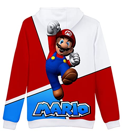 Silver Basic Super Mario Bro Sudadera con Capucha para Niños Divertida Mario Sudadera 3D para Fanáticos de los Videojuegos Jersey de Navidad 140,15Rojo&Blanco-2