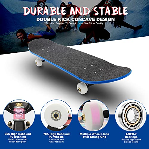 Skateboard para Principiantes Niños Adultos 79 X 20 Cm, Monopatin Completo de 7 Capas de Madera de Arce para Niños y Niñas, con Rodamientos ABEC-7 y Herramienta en T de Skate Todo en Uno