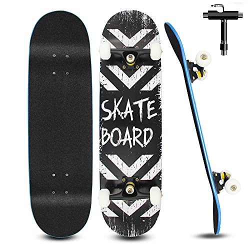 Skateboard para Principiantes Niños Adultos 79 X 20 Cm, Monopatin Completo de 7 Capas de Madera de Arce para Niños y Niñas, con Rodamientos ABEC-7 y Herramienta en T de Skate Todo en Uno