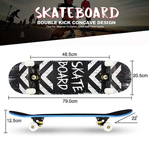 Skateboard para Principiantes Niños Adultos 79 X 20 Cm, Monopatin Completo de 7 Capas de Madera de Arce para Niños y Niñas, con Rodamientos ABEC-7 y Herramienta en T de Skate Todo en Uno