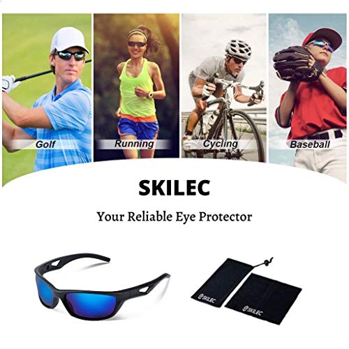 SKILEC Gafas de Sol Hombre Mujer Polarizadas TR90 - Gafas Running, Gafas Ciclismo Hombre Ideales para Deporte, Pesca, MTB, Golf, Bicicleta Gafas de Sol Deportivas Protección 100% UV400 (Negro Azul)