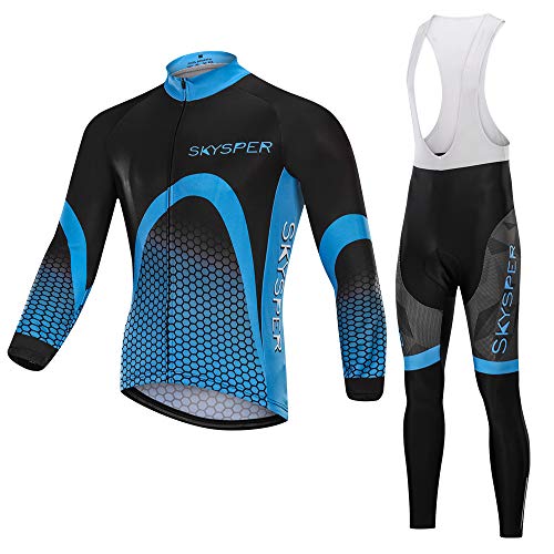 SKYSPER Ciclismo Maillot Hombres Jersey + Pantalones Largos Culote Mangas Largas de Ciclismo Conjunto de Ropa Maillot Entretiempo para Deportes al Aire Libre Ciclo Bicicleta