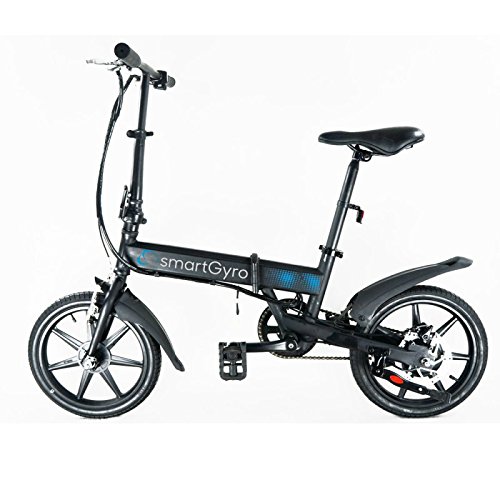 SmartGyro Ebike Black - Bicicleta Eléctrica, Ruedas de 16", Asistente al Pedaleo, Plegable, Batería extraíble de litio de 4400 mAh, Freno V-Brake y Disco, Autonomía 30-50 Km, color Negro