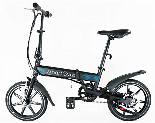 SmartGyro Ebike Black - Bicicleta Eléctrica, Ruedas de 16", Asistente al Pedaleo, Plegable, Batería extraíble de litio de 4400 mAh, Freno V-Brake y Disco, Autonomía 30-50 Km, color Negro