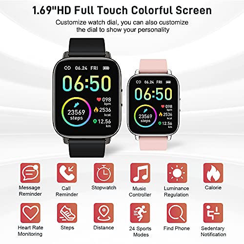 Smartwatch, 1.69" Reloj Inteligente Hombre Mujer Impermeable IP68 Pulsera Actividad 24 Modos Deporte con Pulsómetro Monitor de Sueño Monitores Actividad Cronómetros Calorías Podómetro para Android iOS