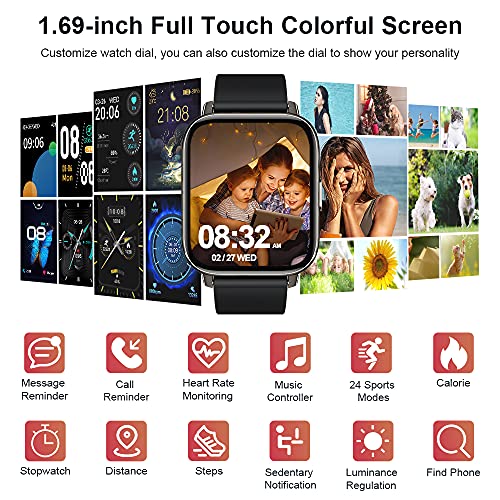 Smartwatch, 1.69'' Reloj Inteligente Hombre Mujer Pulsera Actividad Inteligente con Pulsómetro,Monitor de Sueño,Podómetro,Cronómetro, 24 Deportivos, Impermeable IP68 Reloj Deportivo para Android iOS
