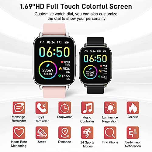 Smartwatch, 1.69" Reloj Inteligente Mujer Impermeable IP68 Pulsera Actividad 24 Modos Deporte con Pulsómetro Monitor de Sueño Monitores Actividad Cronómetros Calorías Podómetro para Android iOS, Rosa