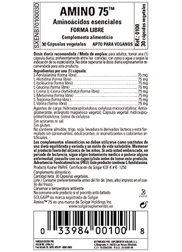 Solgar Amino 75 Con Aminoácidos Esenciales Cápsulas Vegetales - Envase De 30, 30 cápsulas