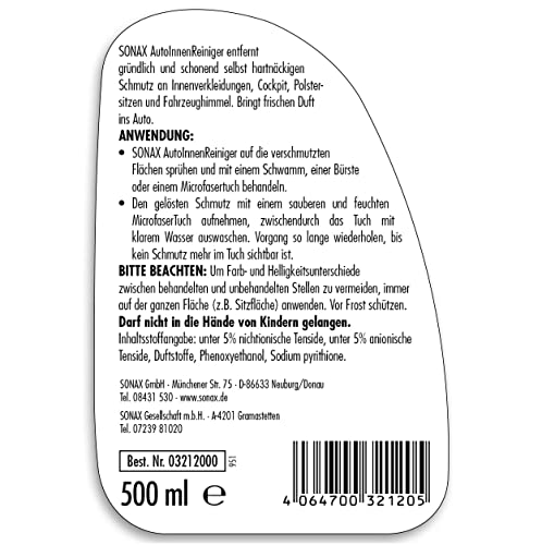 SONAX Limpiador para el interior del vehículo (500 ml) elimina la suciendad y proporciona un fresco aroma | N.° 03212000-544