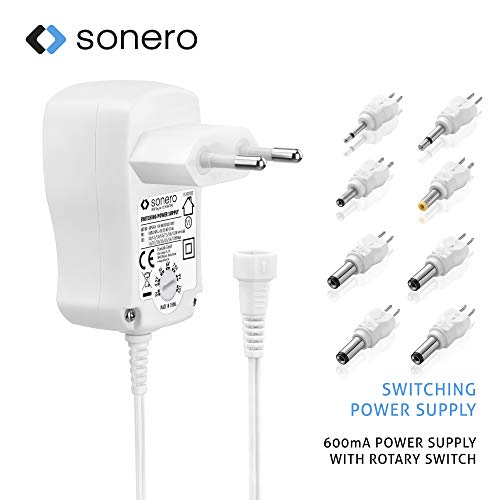 Sonero Fuente de alimentación Universal, Voltaje Ajustable 3V-12V, con 8 adaptadores, máx. 600mA, Blanco