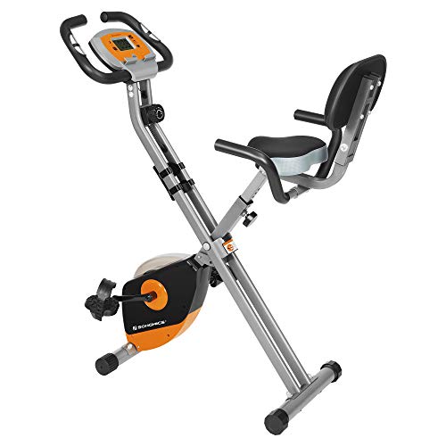 SONGMICS Bicicleta de Ejercicio, Bicicleta Estática, Bicicleta Fitness en Casa, Plegable con Respaldo, Sensor de Pulso, 8 Niveles de Resistencia Magnética, Peso Máx. 100 kg, Naranja y Gris SEB012O01