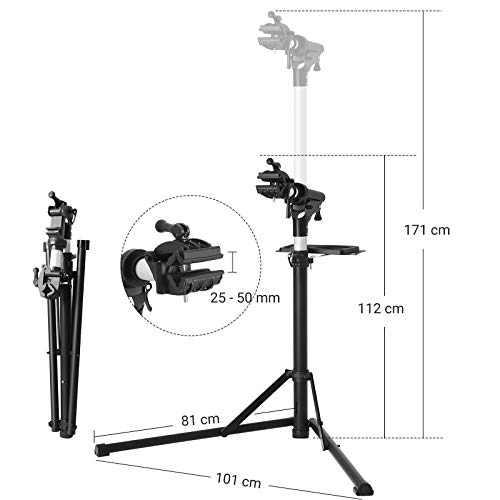 SONGMICS Soporte de Reparación de Bicicletas, Soporte de Reparación de Bicicletas de Aluminio con Bandeja Magnética, Ajustable, Ligero, Portátil, para Mantenimiento de Bicicletas, Negro SBR04B