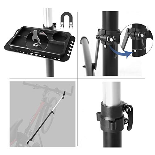 SONGMICS Soporte de Reparación de Bicicletas, Soporte de Reparación de Bicicletas de Aluminio con Bandeja Magnética, Ajustable, Ligero, Portátil, para Mantenimiento de Bicicletas, Negro SBR04B