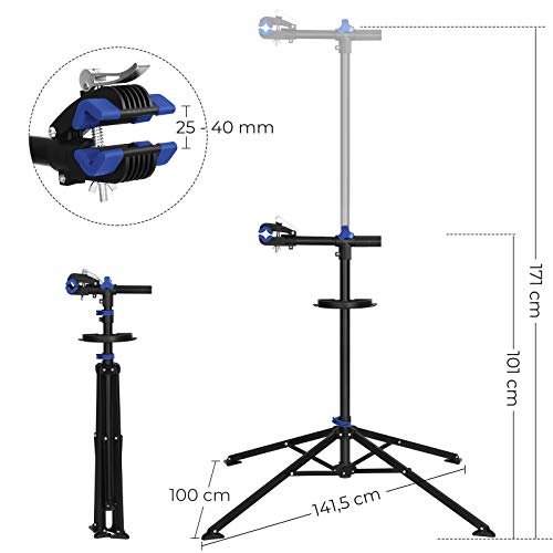 SONGMICS Soporte de Reparación de Bicicletas, Soporte de Trabajo de Bicicleta y Soporte de Mantenimiento con Cierre Rápido, Herramientas, Soporte del Manillar, Ligero Portátil, Negro y Azul SBR061B01