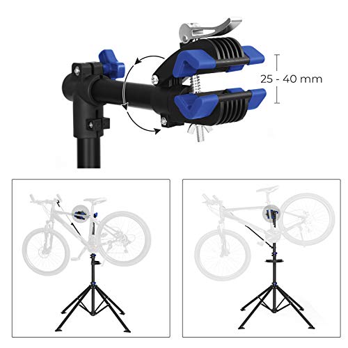 SONGMICS Soporte de Reparación de Bicicletas, Soporte de Trabajo de Bicicleta y Soporte de Mantenimiento con Cierre Rápido, Herramientas, Soporte del Manillar, Ligero Portátil, Negro y Azul SBR061B01