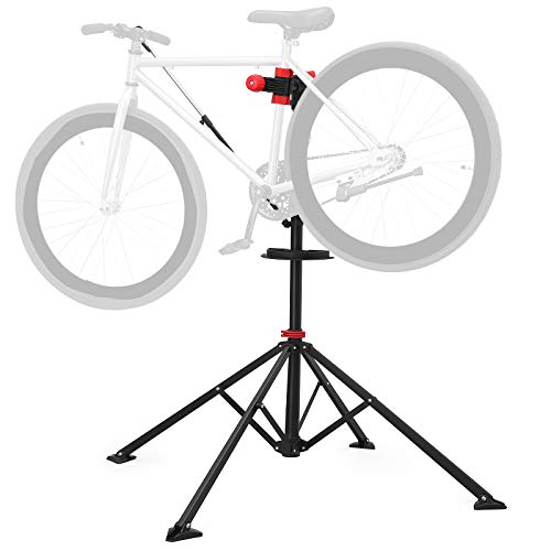 SONGMICS Soporte para Reparación de Bicicleta, Bandeja de Herramientas, Altura Ajustable Entre 108 y 188 cm, Soporte con 4 Patas Plegable, Extensible, Pinza Giratoria a 360º, Ligero y Portátil, SBR02B