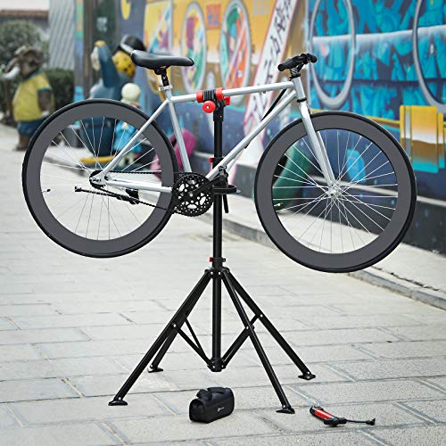 SONGMICS Soporte para Reparación de Bicicleta, Bandeja de Herramientas, Altura Ajustable Entre 108 y 188 cm, Soporte con 4 Patas Plegable, Extensible, Pinza Giratoria a 360º, Ligero y Portátil, SBR02B