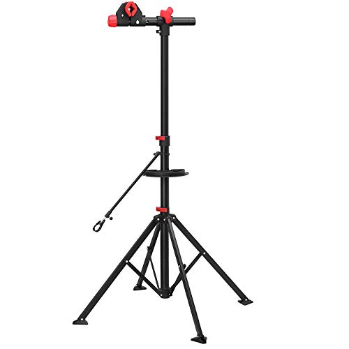 SONGMICS Soporte para Reparación de Bicicleta, Bandeja de Herramientas, Altura Ajustable Entre 108 y 188 cm, Soporte con 4 Patas Plegable, Extensible, Pinza Giratoria a 360º, Ligero y Portátil, SBR02B