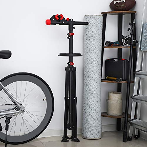 SONGMICS Soporte para Reparación de Bicicleta, Bandeja de Herramientas, Altura Ajustable Entre 108 y 188 cm, Soporte con 4 Patas Plegable, Extensible, Pinza Giratoria a 360º, Ligero y Portátil, SBR02B