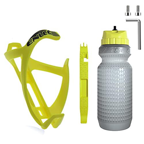 Soporte para Botella de Bicicleta de montaña ENLEE, Material de PC, con Botella de Agua con Aislamiento de Doble Capa y Palanca para neumáticos, para Bicicletas con Orificios para Tornillos (Yellow)