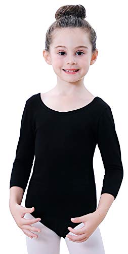 Soudittur Maillot de Ballet Danza Clásico para Niña Manga 3/4 Body Leotardo Gimnasia Ritmica (Negro, Tag 110(Height: 105-115 cm))