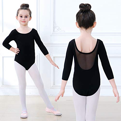 Soudittur Maillot de Ballet Danza Clásico para Niña Manga 3/4 Body Leotardo Gimnasia Ritmica (Negro, Tag 110(Height: 105-115 cm))