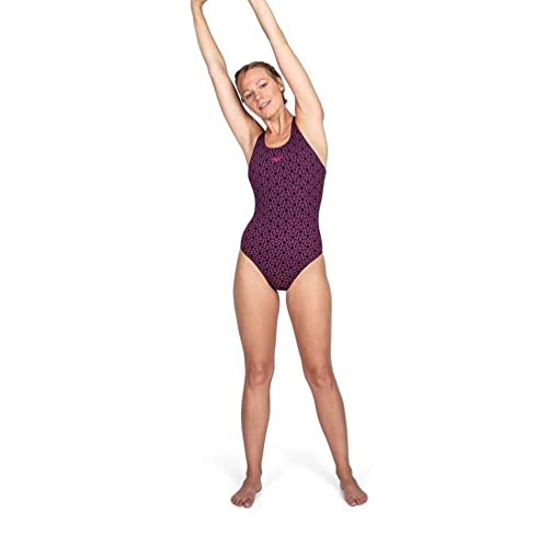 Speedo Boomstar Allover Muscleback Bañador de Mujer para Natación, Color Negra/Rosa, Talla 48