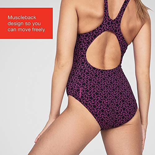 Speedo Boomstar Allover Muscleback Bañador de Mujer para Natación, Color Negra/Rosa, Talla 48