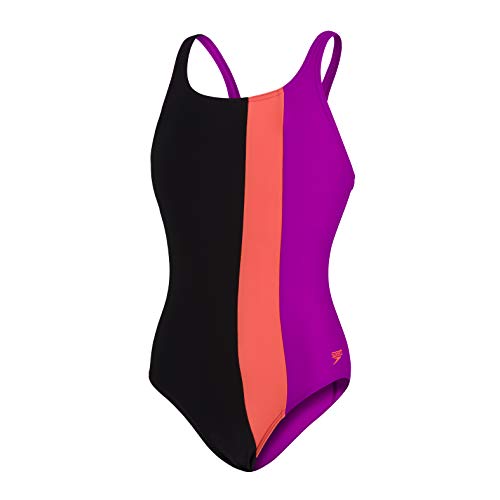 Speedo Colourblock Powerback Traje de Baño de Una Pieza , Niñas, Multicolor (Nero/Volcanic Orange/Diva), 13-14 Años