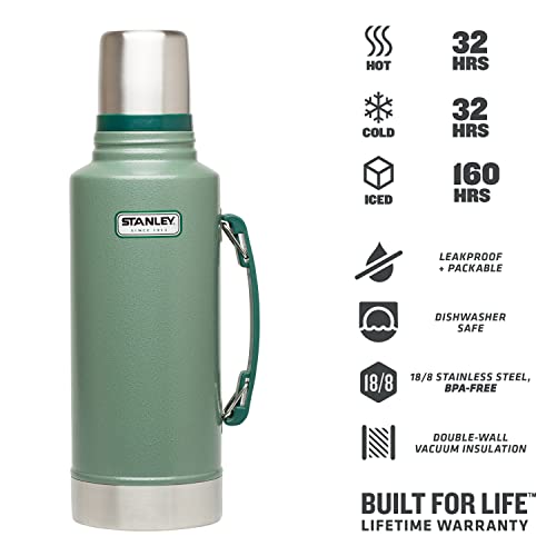 Stanley Classic Legendary Bottle 1.9L Hammertone Green - Botella Termica de Acero Inoxidable - Se Mantiene Caliente o Frío 32 Horas - Termo Cafe Sin BPA - Apto para Lavavajillas