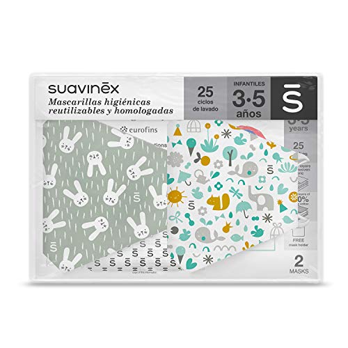 SUAVINEX Mascarillas Infantiles 3-5 Años Higiénicas Reutilizables Certificadas y Homologadas. 3 Capas. 25 Ciclos de Lavado. Fabricadas en España, 2 Unidades, Verde 30 g (401306)