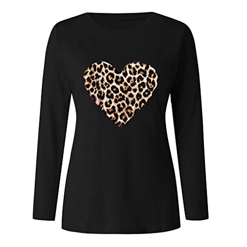 Sudadera de manga larga para mujer, con estampado, jersey de otoño, blusa, tops, parte superior de cuello redondo, informal, túnica casual, estampado de leopardo, forma de corazón, Negro , XXXL