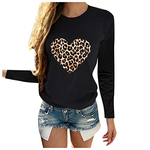 Sudadera de manga larga para mujer, con estampado, jersey de otoño, blusa, tops, parte superior de cuello redondo, informal, túnica casual, estampado de leopardo, forma de corazón, Negro , XXXL