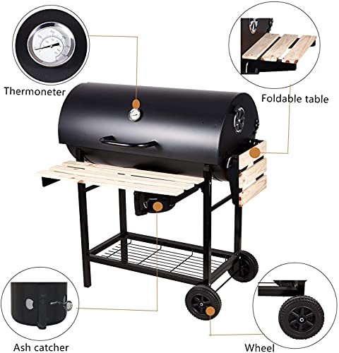 SunJas Barbacoas de Carbón Parrilla con Ruedas para Jardín Exterior BBQ con Soportes Facil Movimiento, con 2 Estantes de Madera Plegable para Almacenar Comidas, 101×70.5×94.5CM