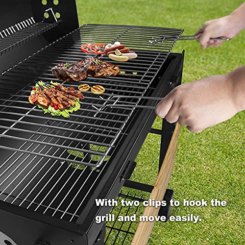 SunJas Barbacoas de Carbón Parrilla con Ruedas para Jardín Exterior BBQ con Soportes Facil Movimiento, con 2 Estantes de Madera Plegable para Almacenar Comidas, 101×70.5×94.5CM