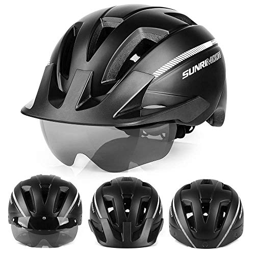 SUNRIMOON Casco de Ciclismo con Gafas Magnéticas y Visera Desmontable y Luz de Seguridad Recargable, Casco de Bicicleta de Montaña Ajustable para Adultos con Certificación CPSC para Hombres/Mujeres