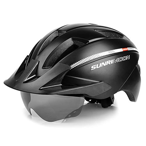 SUNRIMOON Casco de Ciclismo con Gafas Magnéticas y Visera Desmontable y Luz de Seguridad Recargable, Casco de Bicicleta de Montaña Ajustable para Adultos con Certificación CPSC para Hombres/Mujeres