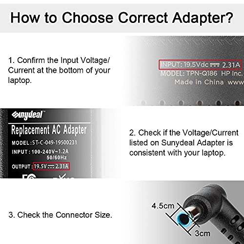 SUNYDEAL Cargador para Portátil HP 45W, Adaptador AC/Suministro de Cable de alimentación para HP Stream 11 13 14;Pavilion 11 13 15;Split 13;HP 719309-001 741727-001 HSTNN-CA40; 19.5V 2.31A;4.5mm*3mm