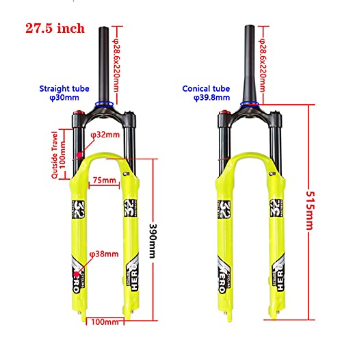 SUYUDD Horquillas De Suspensión De Bicicleta De Montaña Amarillas De 26/27.5/29 Pulgadas, Dirección Cónica Y Horquilla Delantera Recta (Bloqueo Manual - Bloqueo Remoto)