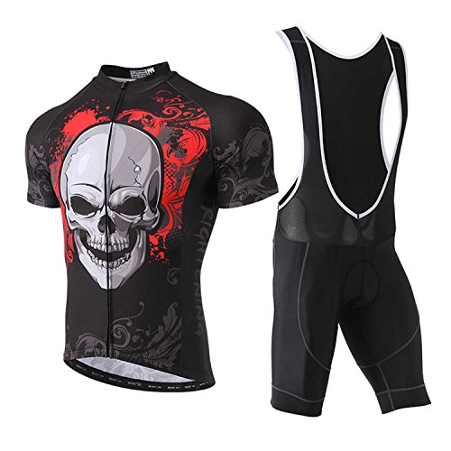 SXSHUN Maillots de Ciclismo para Hombres Conjunto de Ciclismo Camiseta + Culotte Traje de Bicicleta para Verano Fresco Transpirable, Esqueleto Rojo, L