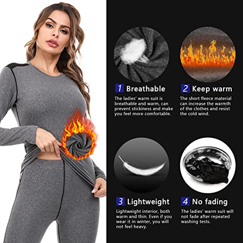 Sykooria Conjuntos Térmicos para Mujer Ropa Interior Deporte Térmica de Invierno Camiseta Manga Larga y Leggins Esquí Correr Fitness Ciclismo - Gris-Negro L