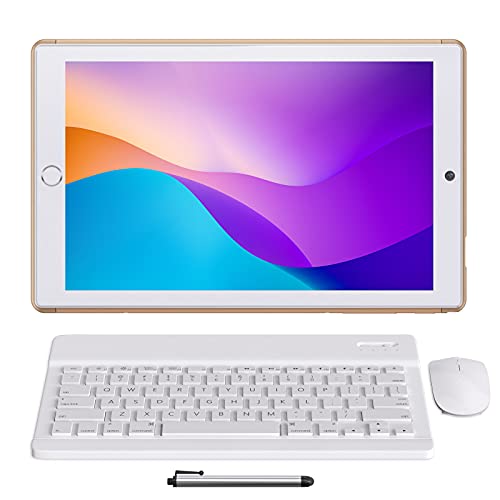 Tablet 10 Pulgadas Android 10.0 - YUMKEM Tableta 8 núcleos 4GB RAM 64GB ROM con | WiFi | Bluetooth | GPS | MicroSD 4-128 GB, Teclado Bluetooth/ratón inalambrico/Funda de Tablet - Oro