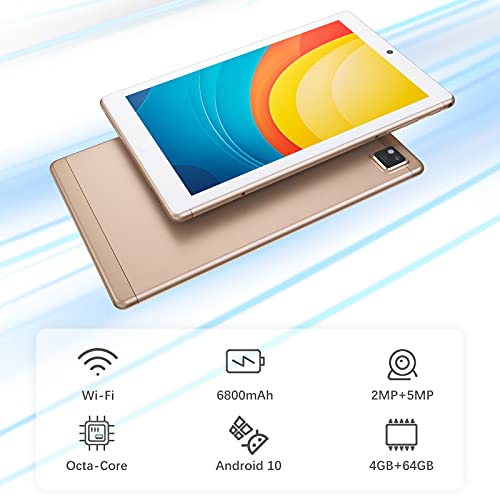 Tablet 10 Pulgadas Android 10.0 - YUMKEM Tableta 8 núcleos 4GB RAM 64GB ROM con | WiFi | Bluetooth | GPS | MicroSD 4-128 GB, Teclado Bluetooth/ratón inalambrico/Funda de Tablet - Oro