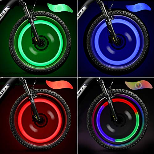 TAGVO 4pcs luz de radios de Bicicleta (rojo+verde+azul+multicolor) con caja delicada,luces de radios de rueda de fácil instalación resistentes al agua,lámpara LED de neón para llantas,3 modos de flash