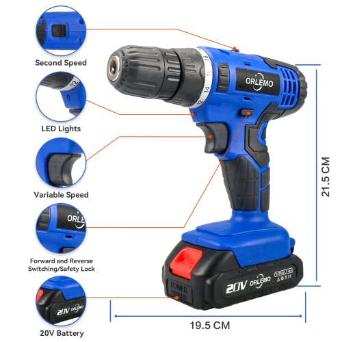 Taladro Atornillador, Destornillador Eléctrico de 20 V con 174 Accesorios, Par máximo 35N.m (35 N.m), Ajuste de par de 18 Etapas, Para Taladro de Madera, Taladro de Metal, Fijación con Tornillos