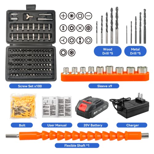 Taladro Atornillador, Destornillador Eléctrico de 20 V con 174 Accesorios, Par máximo 35N.m (35 N.m), Ajuste de par de 18 Etapas, Para Taladro de Madera, Taladro de Metal, Fijación con Tornillos