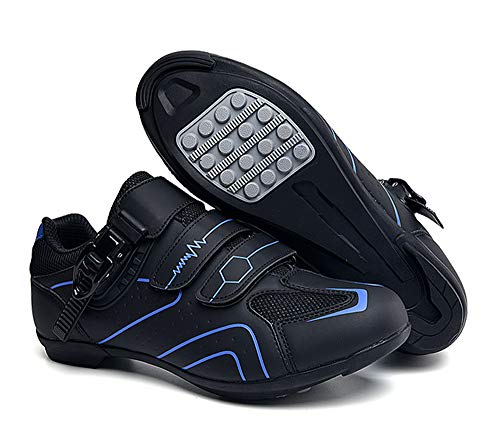 tangjiu Zapatillas de Ciclismo Antideslizantes, Zapatillas de Bicicleta de Carretera y Montaña de Fibra de Carbono Transpirables, Zapatillas Deportivas Asistidas con Tiras Reflectantes (Azul,42)