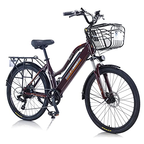 TAOCI Bicicletas eléctricas para Mujeres Adultas, Todo Terreno 26 Pulgadas E-Bike Bicicletas extraíble batería de Iones de Litio Ebike para el Trabajo al Aire Libre Ciclismo Viajes (Brown)